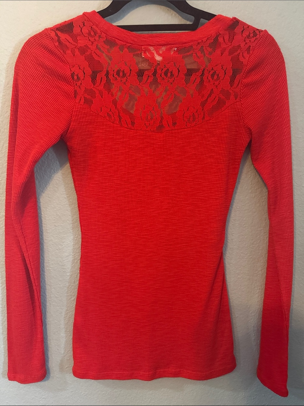Derek Heart Red Ribbed Lace Back Long Sleeve Top Size M